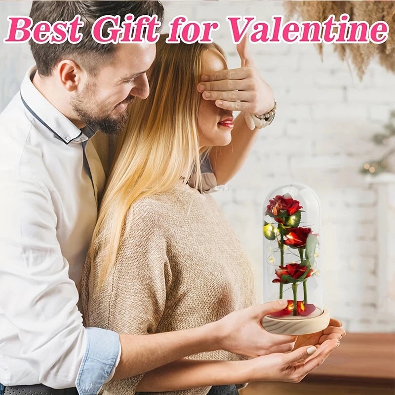 Long-Stem 3 Rose Light – LED Gift Dome with Wooden Base