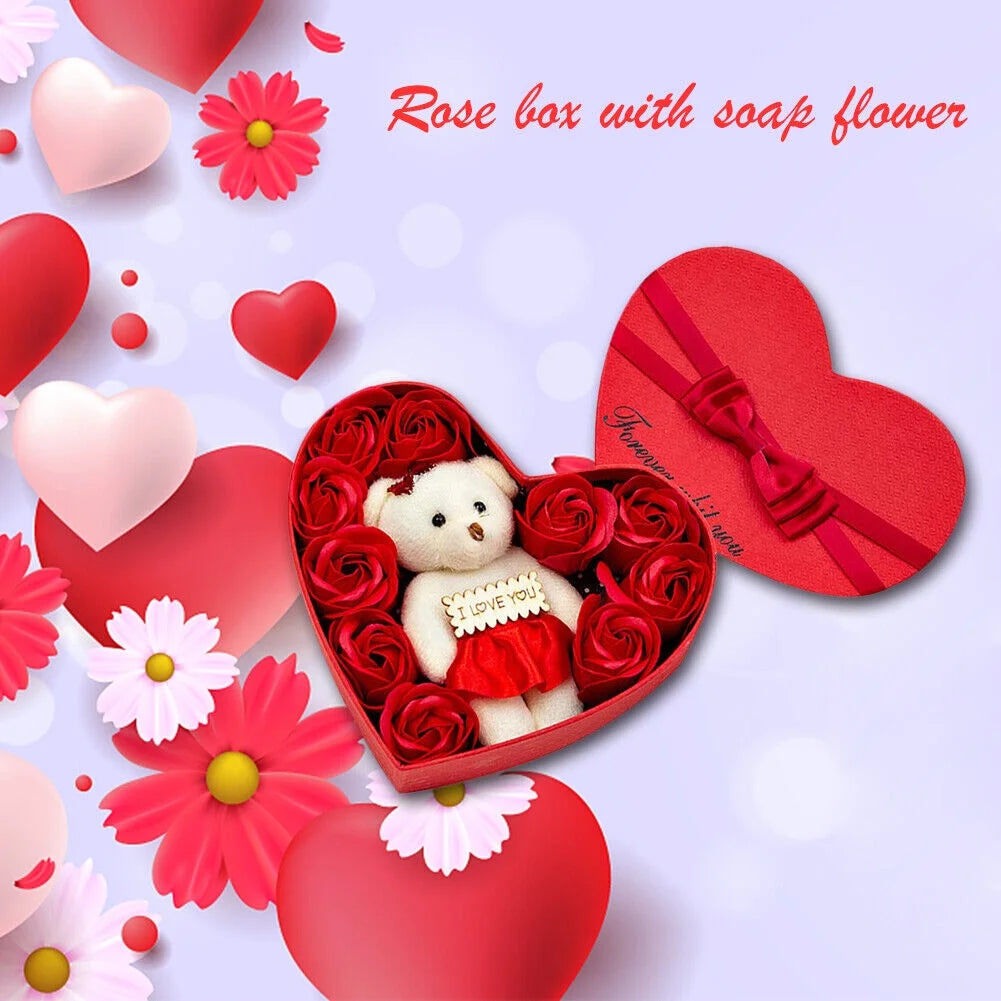 Heart-Shaped Red Rose and Teddy Bear Gift Box