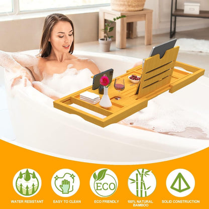 Premium Bathtub Tray Caddy - Bath Tray Bamboo Expandable - Bath Tub Tray Table for Bathtub - Expandable Size, Fits Most Bath Tubs