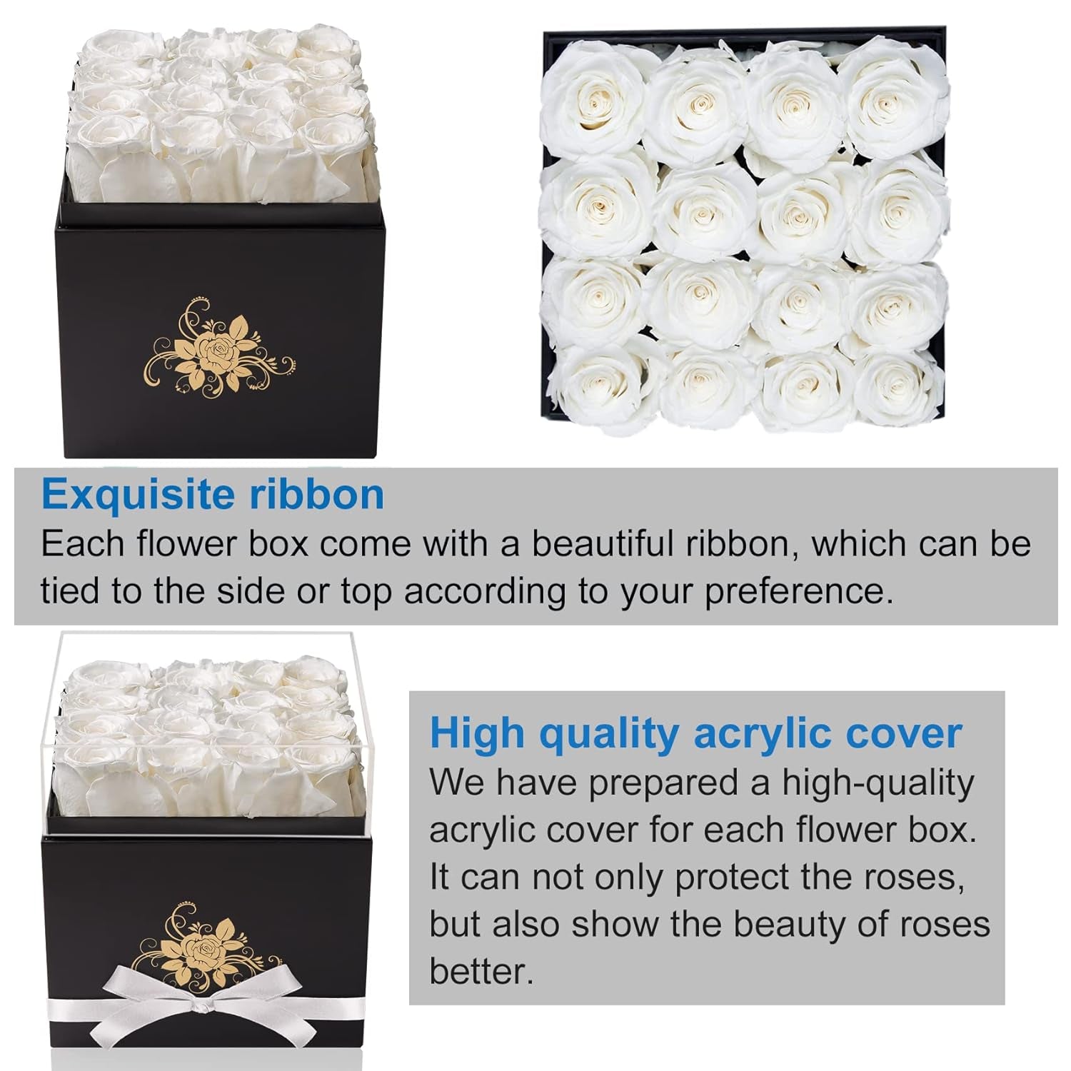 Luxury Preserved Roses in a Box, Forever Flowers for Women (White)