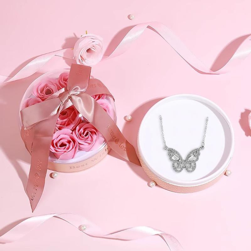 Artificial Rose & Rhinestone Butterfly Necklace Gift Set in Flower Decor Ribbon Bowknot Jewelry Box 