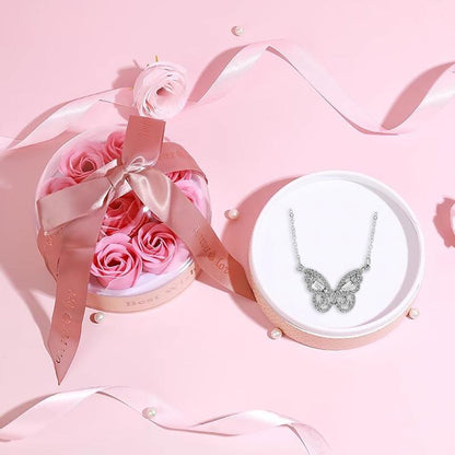 Artificial Rose & Rhinestone Butterfly Necklace Gift Set in Flower Decor Ribbon Bowknot Jewelry Box 