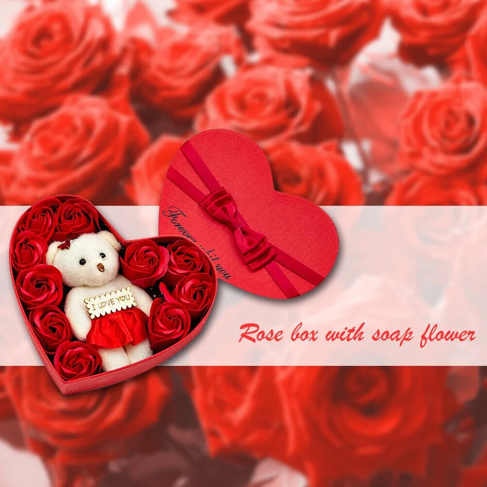 Heart-Shaped Red Rose and Teddy Bear Gift Box