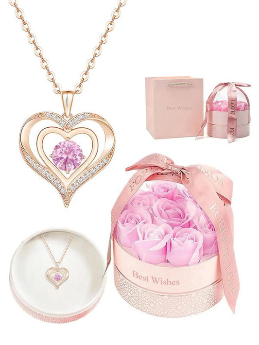 Women'S Elegant Heart Shaped Pendant Necklace & Rose Gift Box, Exquisite Trendy Pendant Necklace & Rose Box, Chic Gorgeous Jewelry Set as Gift for Girlfriend