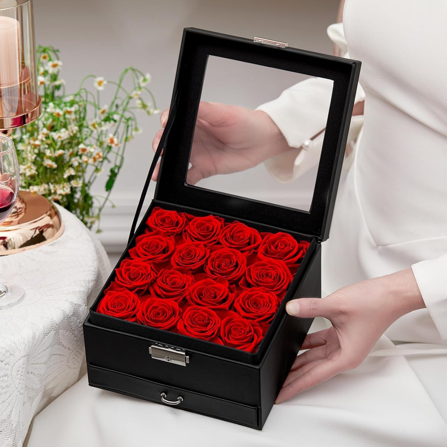 16 Preserved Roses in Luxury Box with Jewelry Compartment