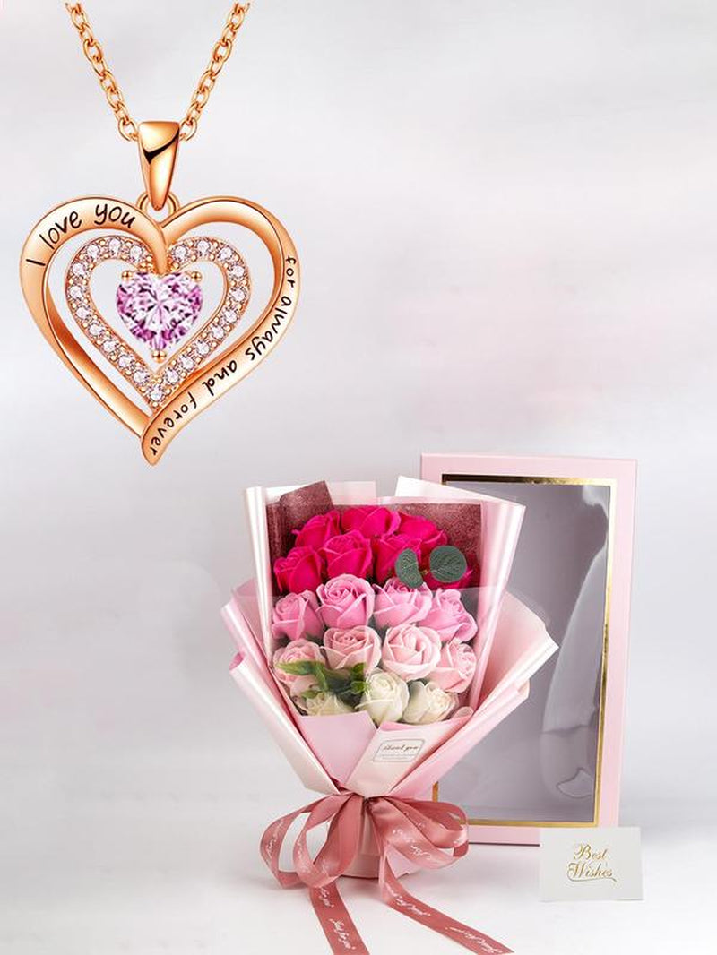 Letter Pendant Necklace with Rose Soap Flower Gift Box, Elegant Heart Shaped Necklace Gift Box