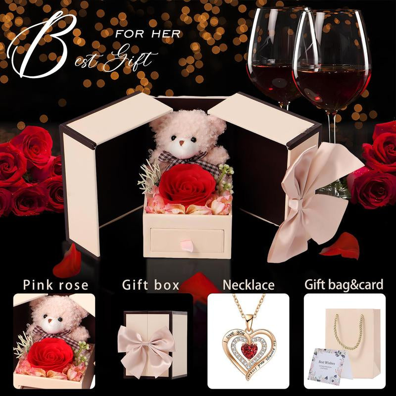 Romantic Gift Set with Bear, Rose and Jewelry