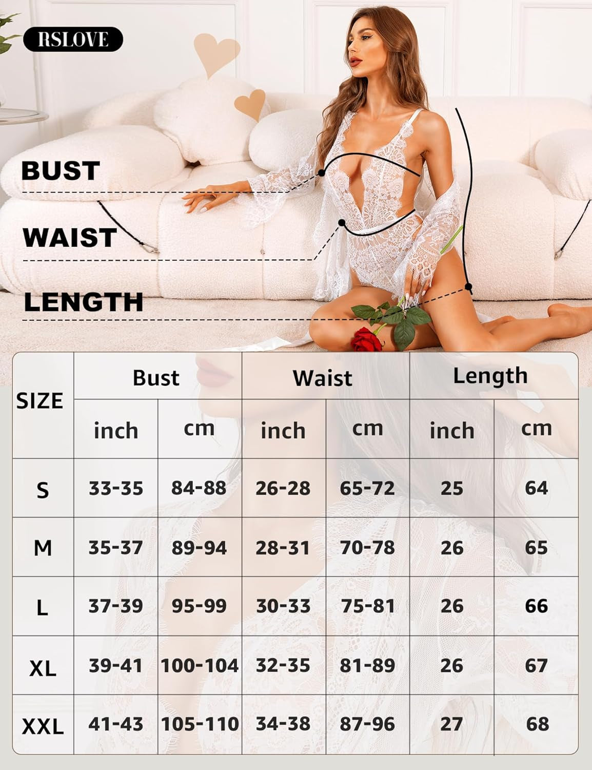 Women Sexy Bridal Lingerie Set 2 Piece Lace Robe with Sheer Teddy Babydoll Bodysuit