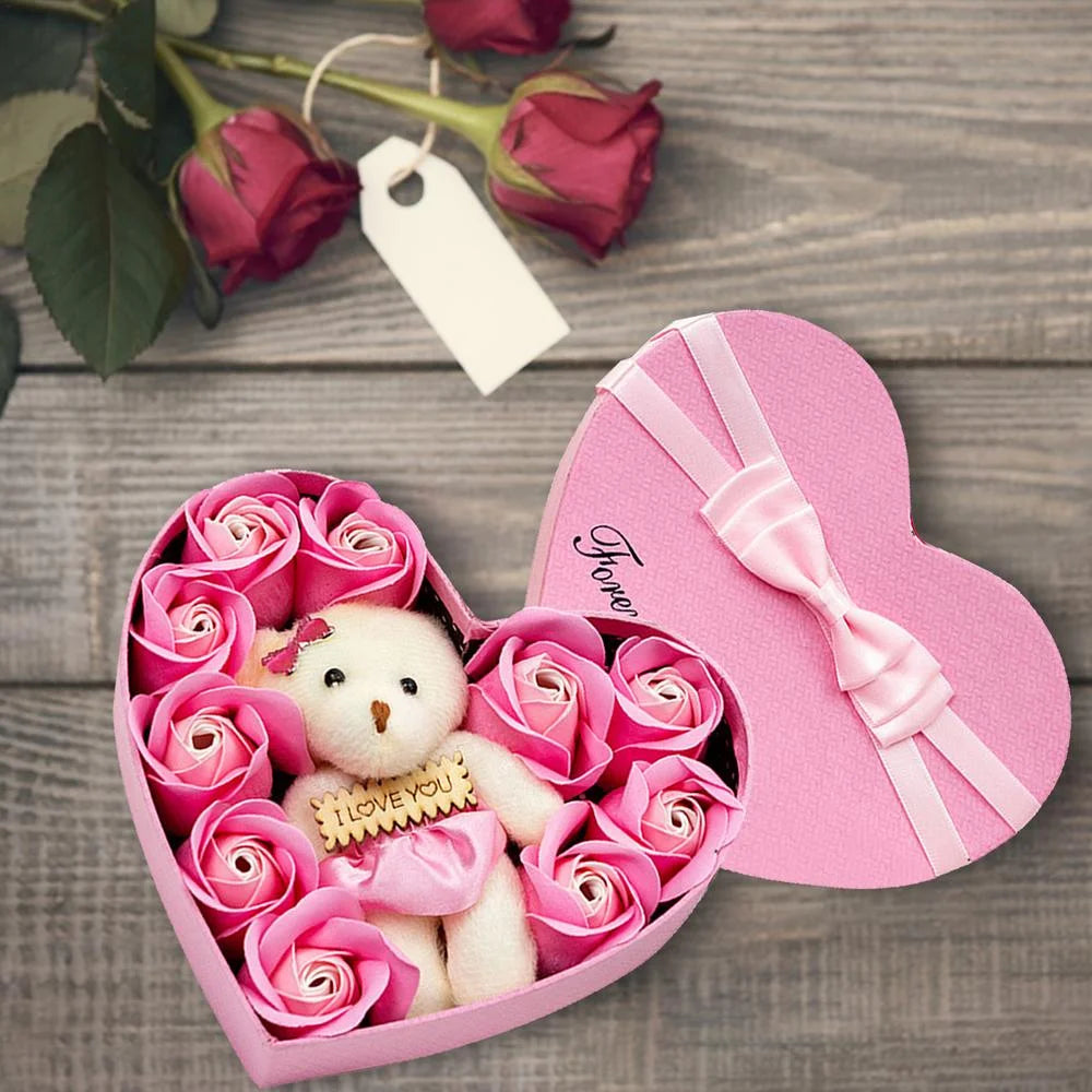 Heart-Shaped Pink Rose and Teddy Bear Gift Box