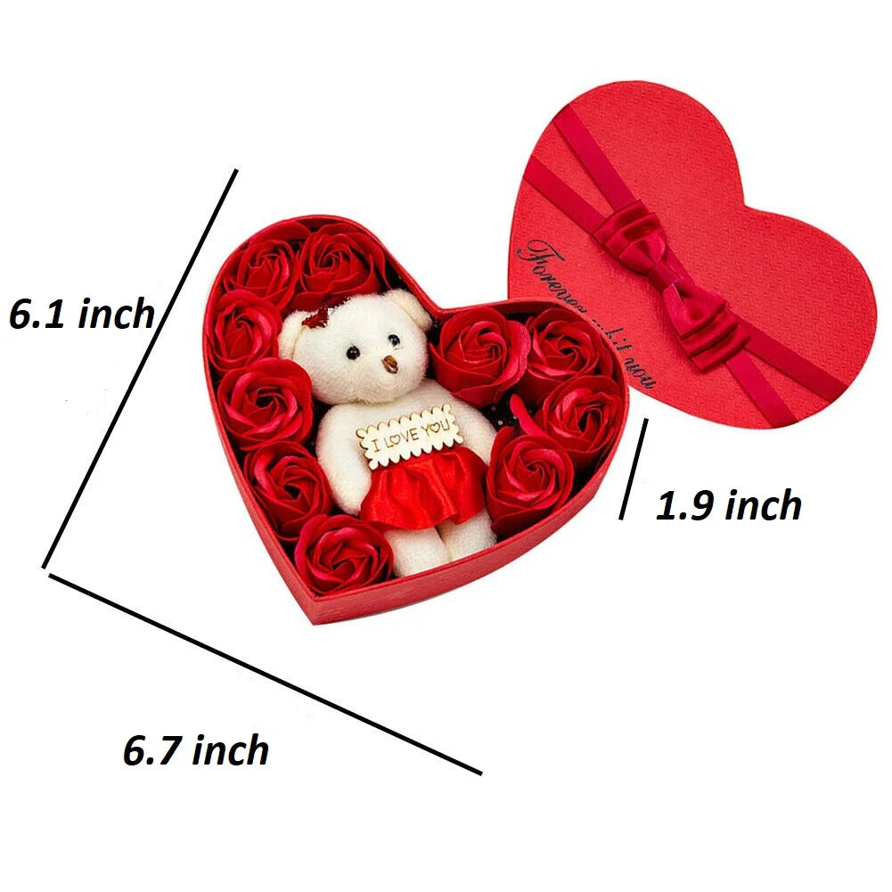 Heart-Shaped Red Rose and Teddy Bear Gift Box