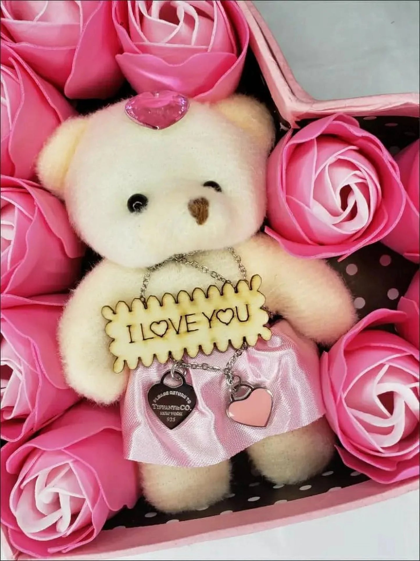 Heart-Shaped Pink Rose and Teddy Bear Gift Box