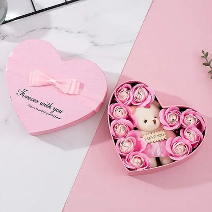 Heart-Shaped Pink Rose and Teddy Bear Gift Box