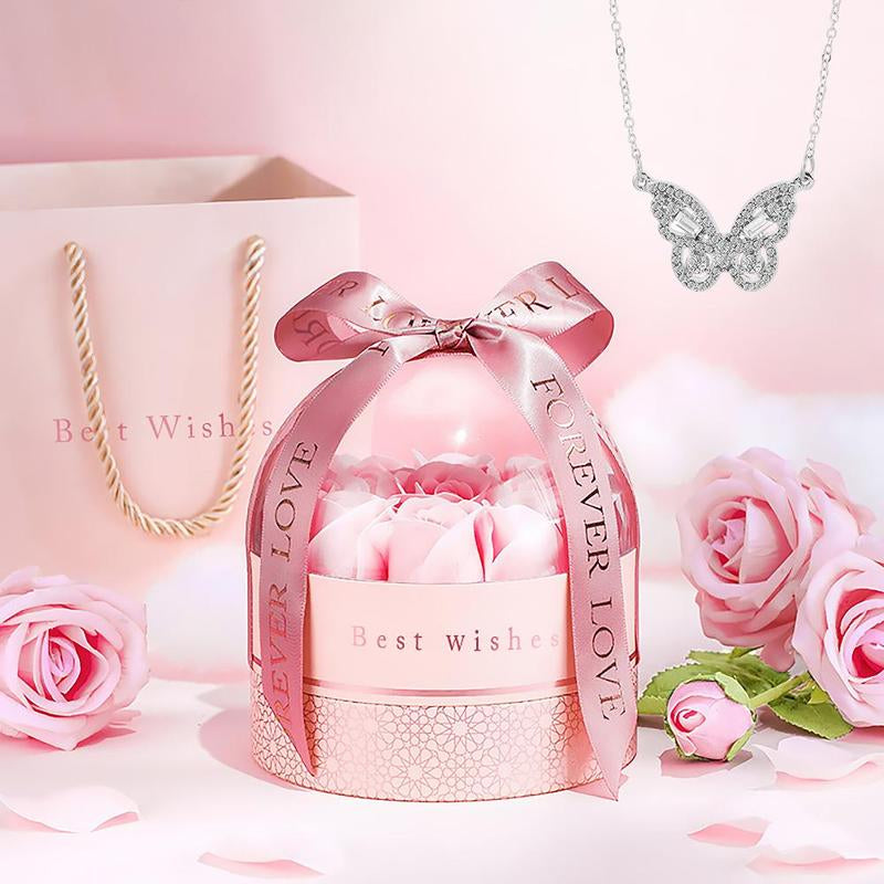 Artificial Rose & Rhinestone Butterfly Necklace Gift Set in Flower Decor Ribbon Bowknot Jewelry Box 