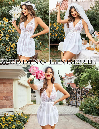 Women Lingerie Lace Babydoll Strap Chemise Halter Teddy V Neck Mesh Nightgown