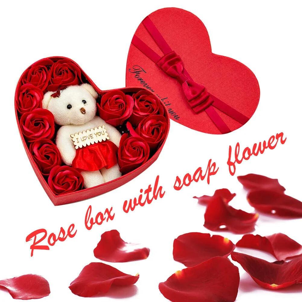 Heart-Shaped Red Rose and Teddy Bear Gift Box