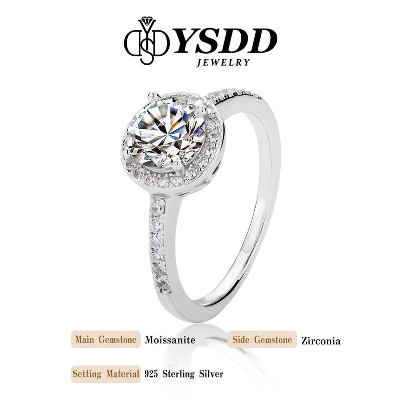 Round Halo Synthetic Moissanite Ring in Sterling Silver 0.5-2Carat 