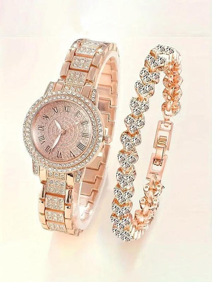 Women'S Elegant Rhinestone Decorated Quartz Watch & Bracelet, Exquisite Trendy Wristwatch & Bracelet, Fashionable Watch Set as Gift without Box