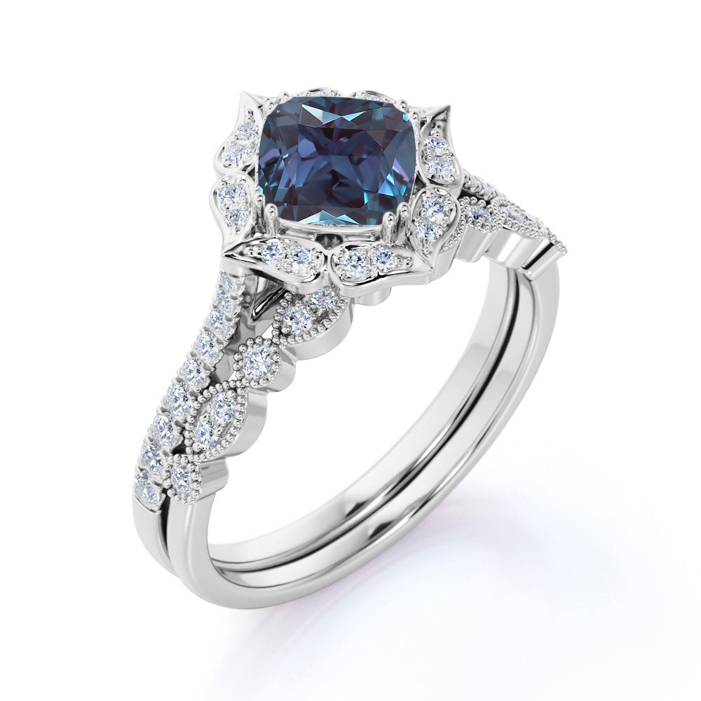 Bloom 1.5 Carat Cushion Cut Lab Created Alexandrite and Moissanite Unique Art Deco Wedding Ring Set in 18K White Gold over Silver