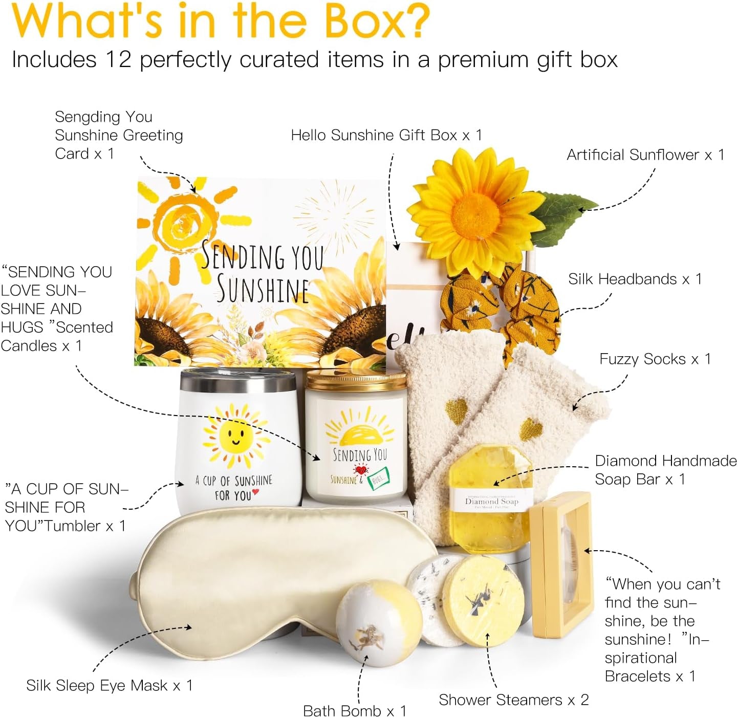 Birthday Gifts for Women, Sending Sunshine Christmas Gifts, Get Well Soon Gifts Basket Care Package Unique Spa Gifts Box with Wine Glasses for Thinking of You Her Sister Best Friend