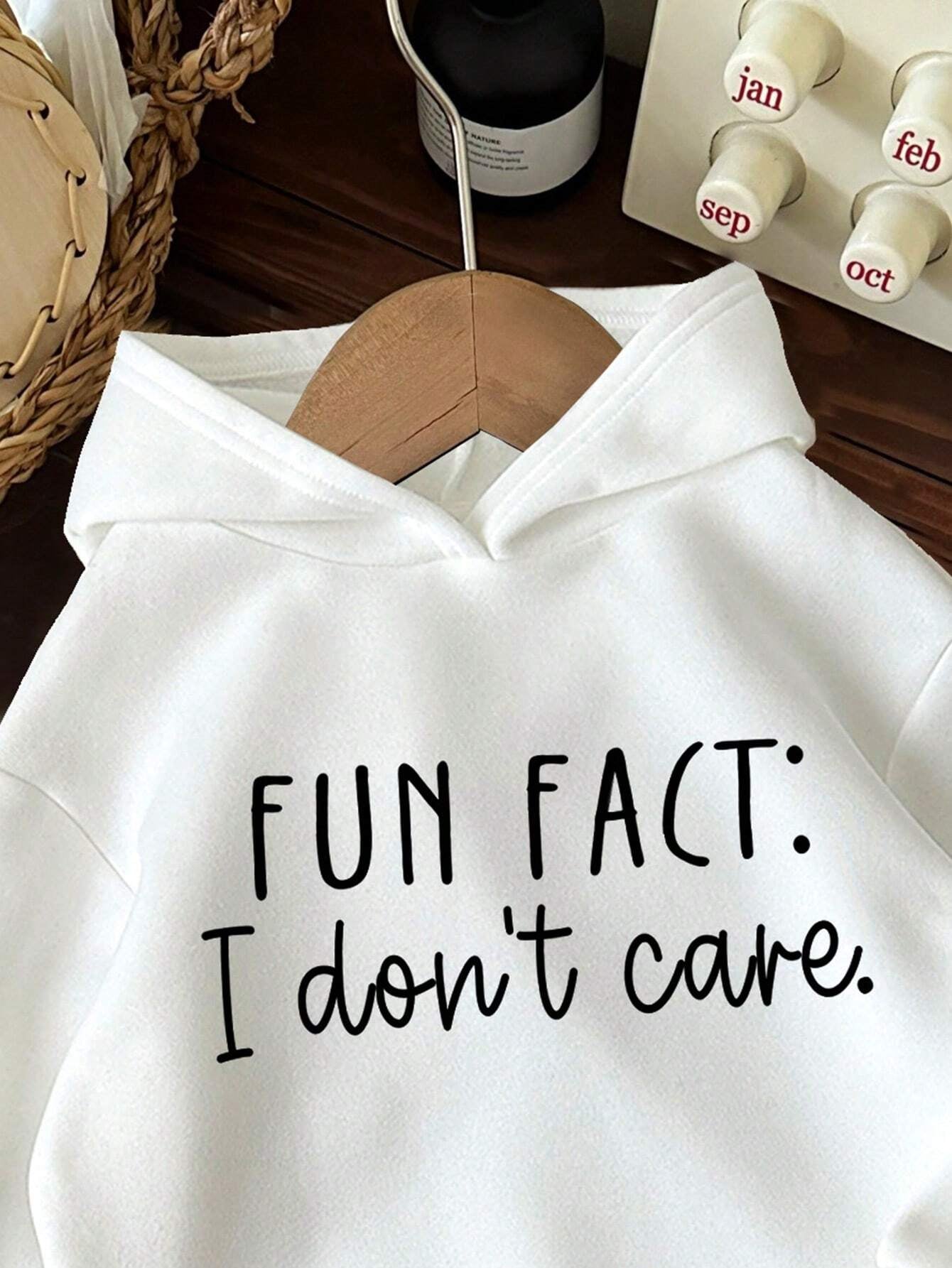  Fun Fact, I Don't Care Graphic, Long Sleeve Hooded Thick Sweatshirt