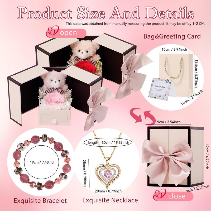 Romantic Gift Set with Bear, Rose and Jewelry