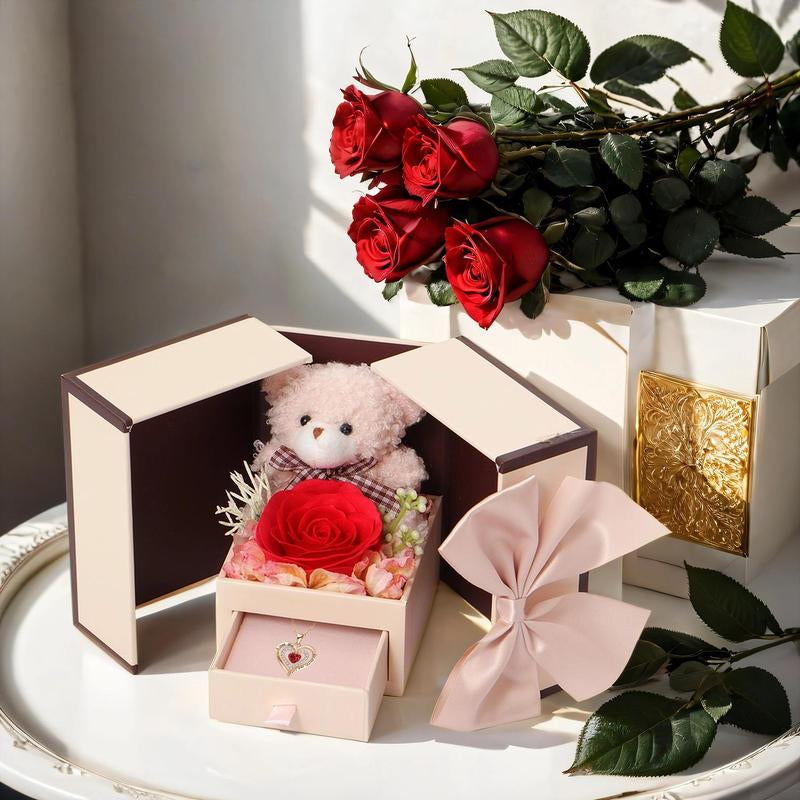 Romantic Gift Set with Bear, Rose and Jewelry