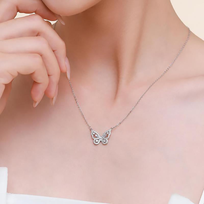 Artificial Rose & Rhinestone Butterfly Necklace Gift Set in Flower Decor Ribbon Bowknot Jewelry Box 