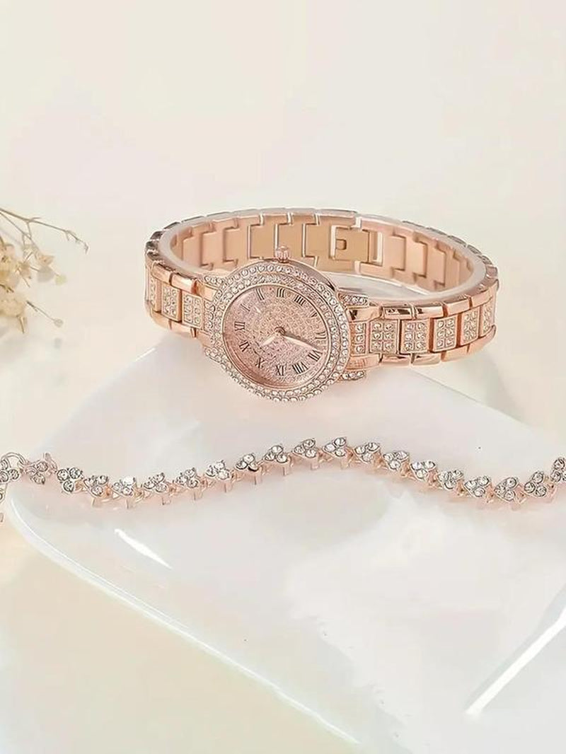 Women'S Elegant Rhinestone Decorated Quartz Watch & Bracelet, Exquisite Trendy Wristwatch & Bracelet, Fashionable Watch Set as Gift without Box