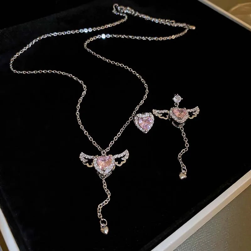 Trending Crystal Angel Wings and Heart Pendant Necklace Set 