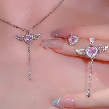 Trending Crystal Angel Wings and Heart Pendant Necklace Set 