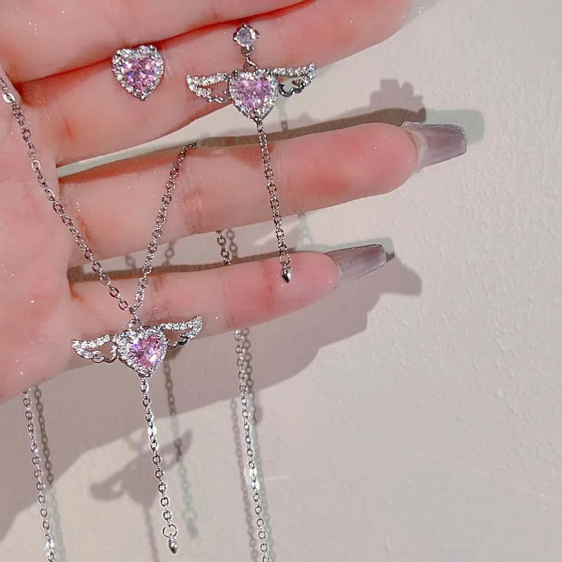 Trending Crystal Angel Wings and Heart Pendant Necklace Set 