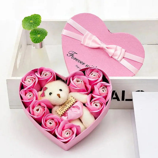 Heart-Shaped Pink Rose and Teddy Bear Gift Box