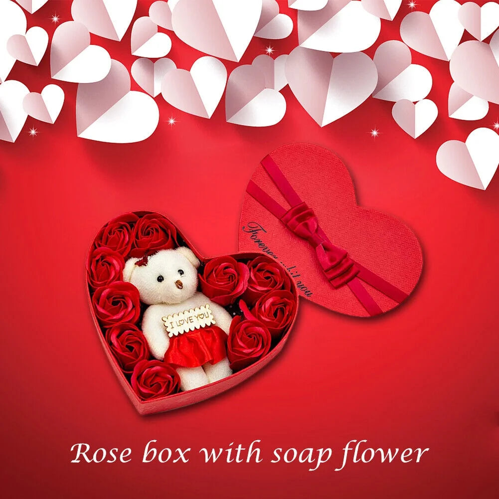 Heart-Shaped Red Rose and Teddy Bear Gift Box