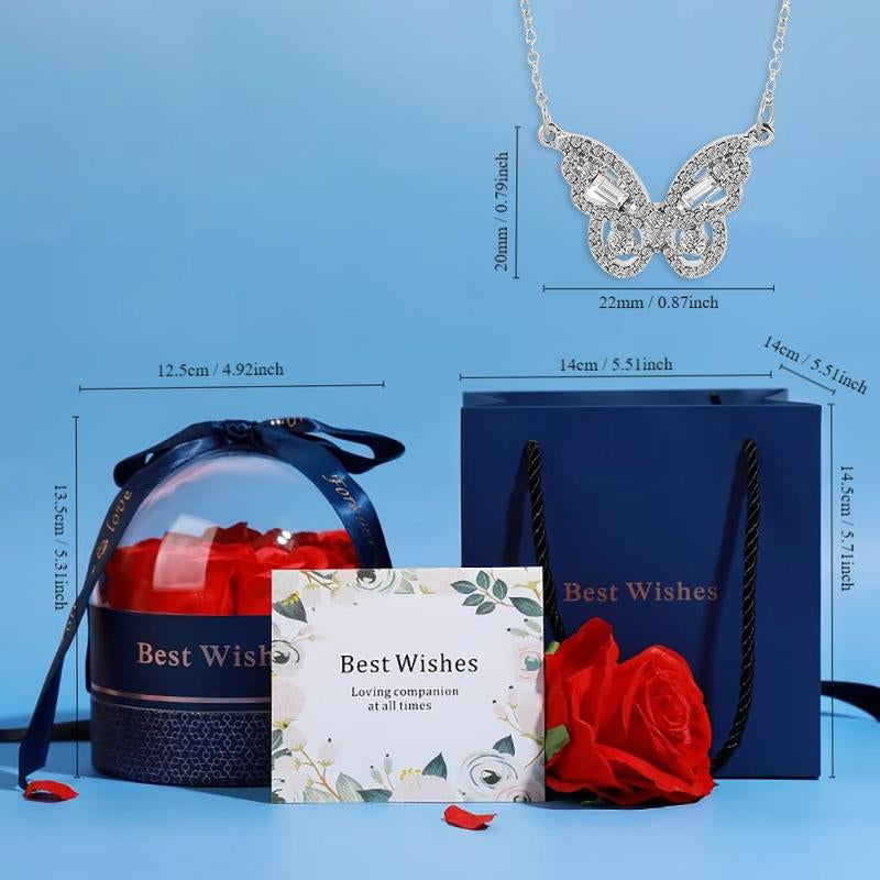 Artificial Rose & Rhinestone Butterfly Necklace Gift Set in Flower Decor Ribbon Bowknot Jewelry Box 