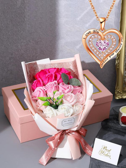 Letter Pendant Necklace with Rose Soap Flower Gift Box, Elegant Heart Shaped Necklace Gift Box