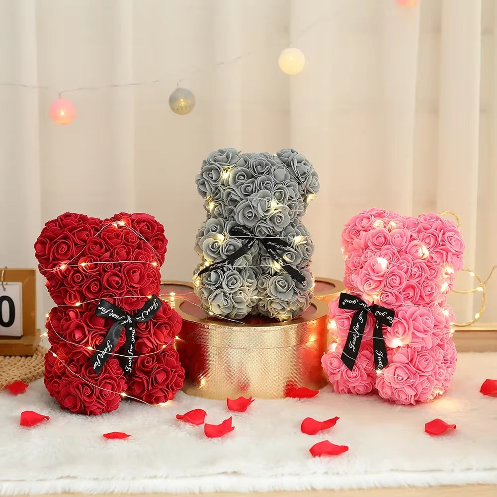 Valentines Day 25Cm Artificial Teddy Rose Flower Bear with Box Romantic Gift Girlfriend Women Mother Birthday Wedding Party Deco