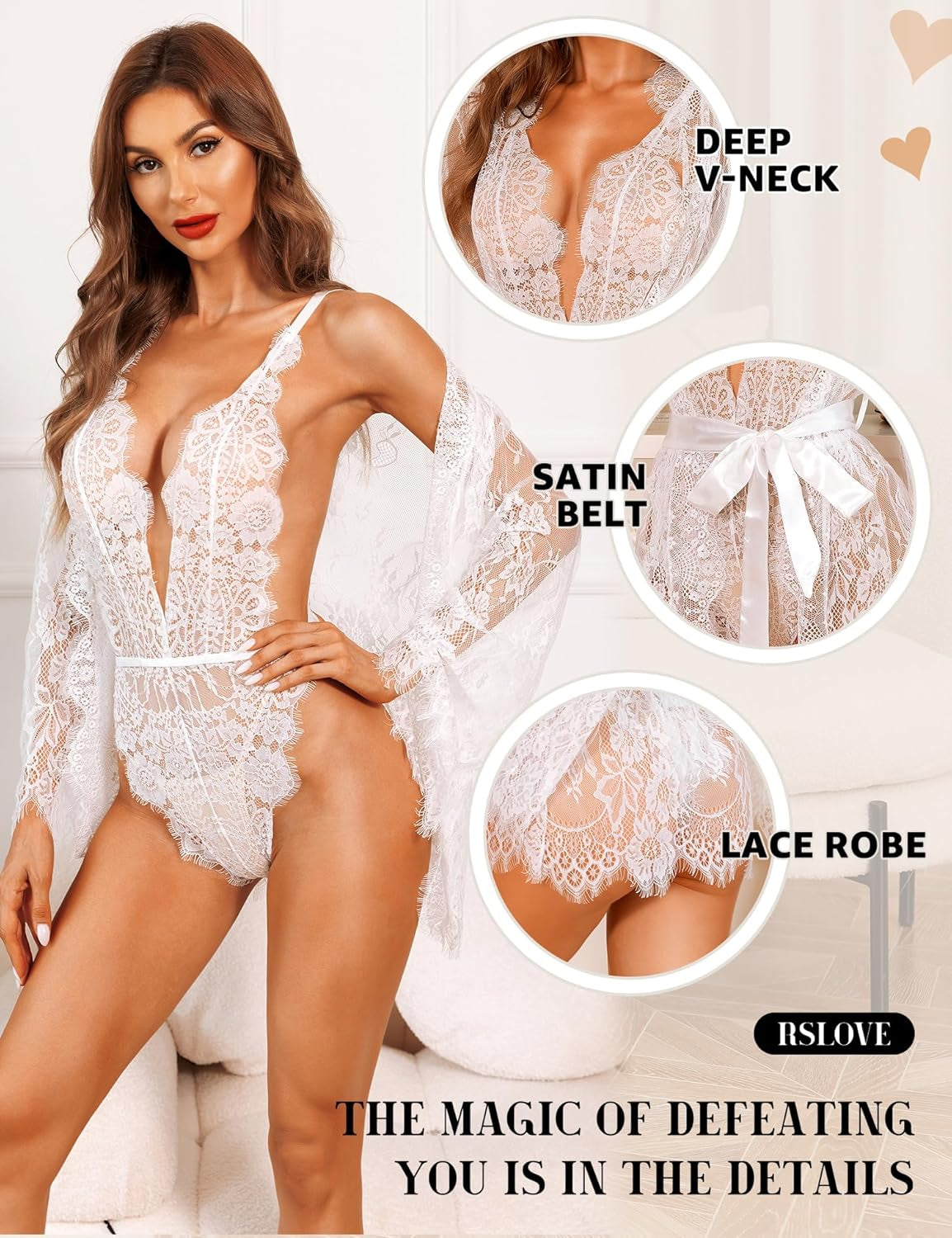 Women Sexy Bridal Lingerie Set 2 Piece Lace Robe with Sheer Teddy Babydoll Bodysuit