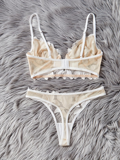 Angel Seduction – Deep V Embroidered Mesh Lingerie Set