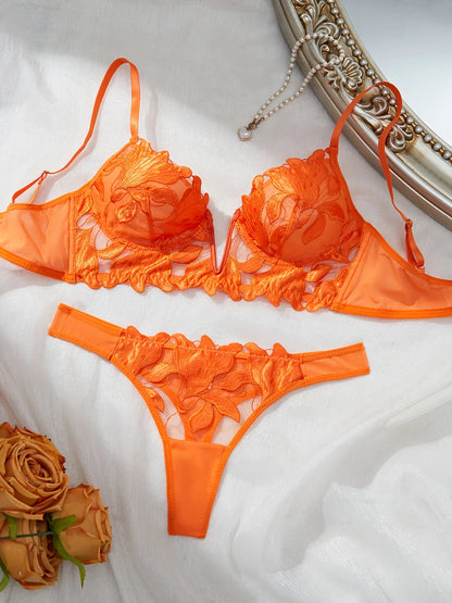 Angel Seduction – Deep V Embroidered Mesh Lingerie Set