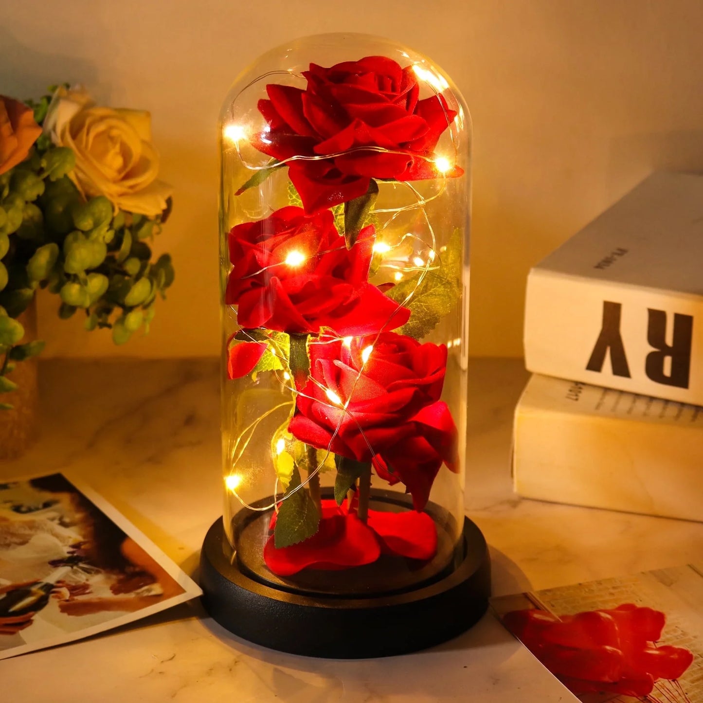 Luxury Led Dome Glass and Red Silk Rose