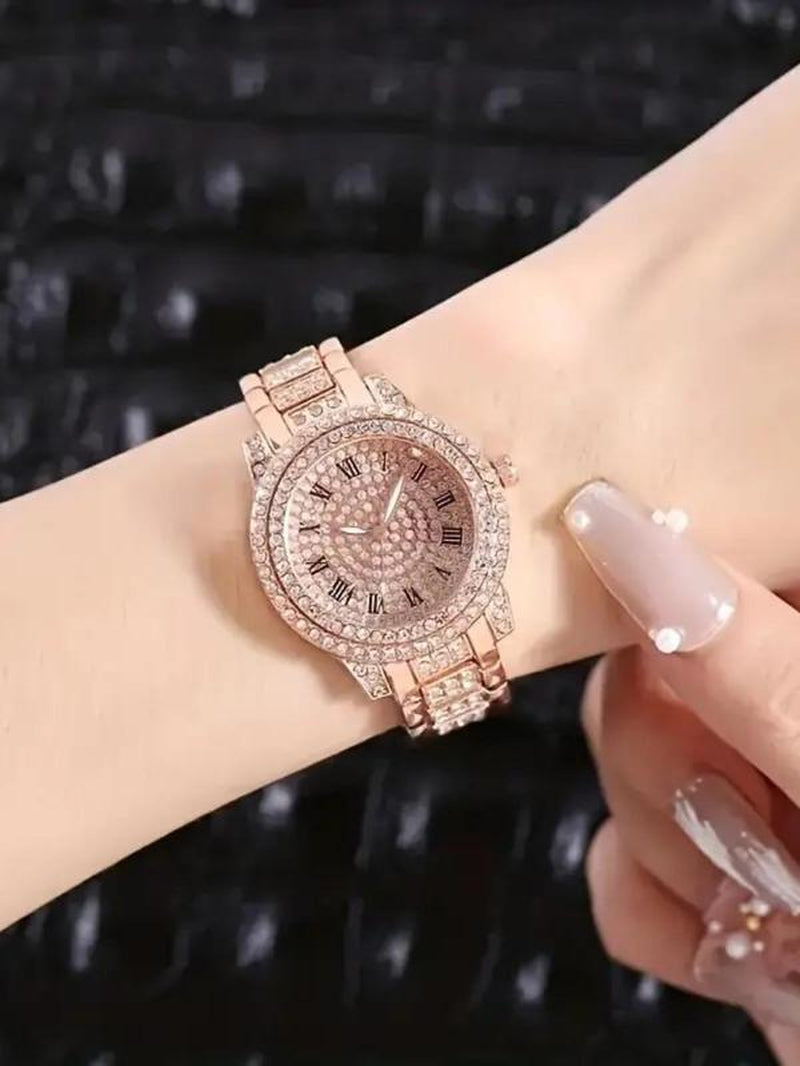 Women'S Elegant Rhinestone Decorated Quartz Watch & Bracelet, Exquisite Trendy Wristwatch & Bracelet, Fashionable Watch Set as Gift without Box