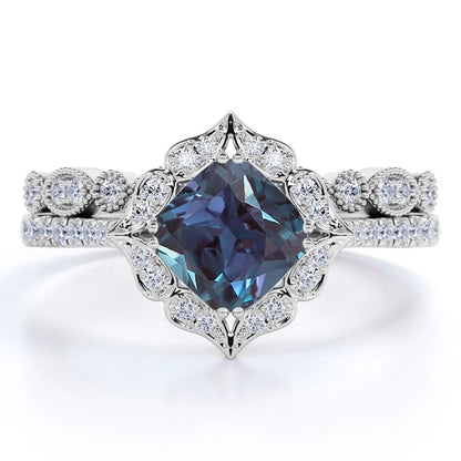 Bloom 1.5 Carat Cushion Cut Lab Created Alexandrite and Moissanite Unique Art Deco Wedding Ring Set in 18K White Gold over Silver