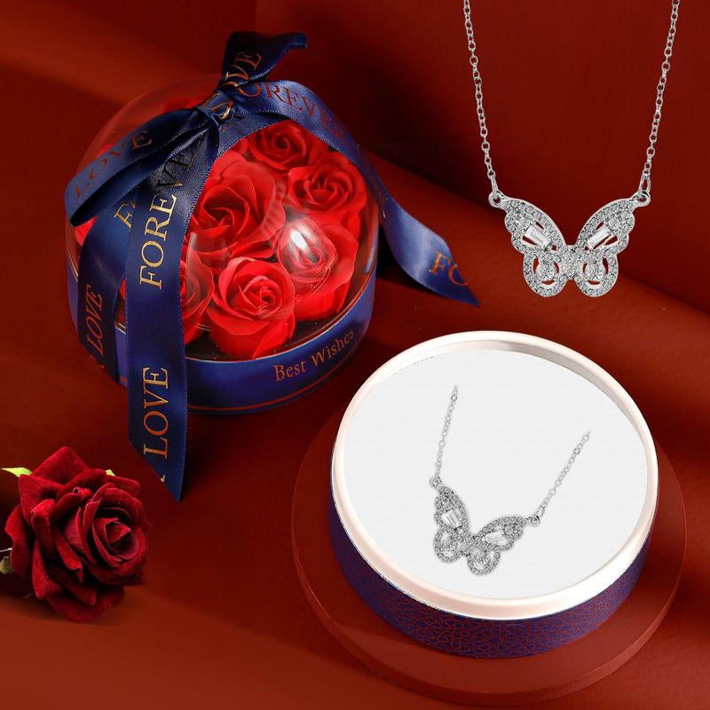 Artificial Rose & Rhinestone Butterfly Necklace Gift Set in Flower Decor Ribbon Bowknot Jewelry Box 