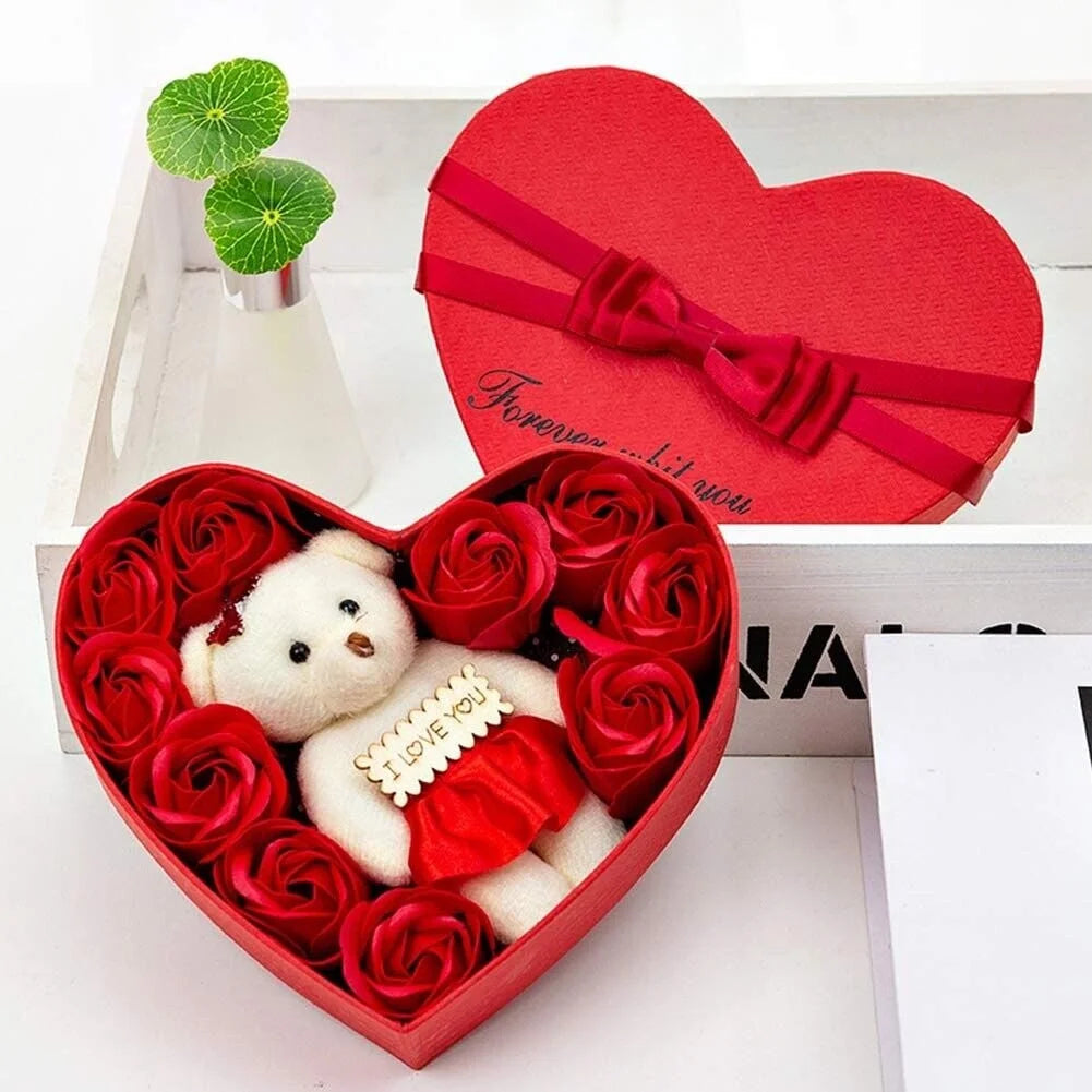 Heart-Shaped Red Rose and Teddy Bear Gift Box