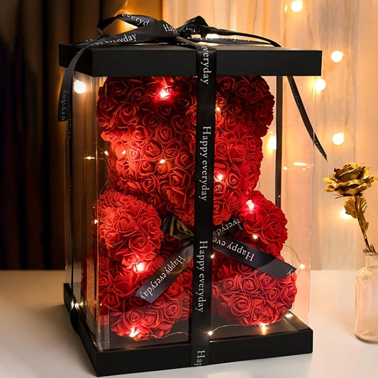 EverGlow™ Rose Teddy Bear – Handmade Flower Bear Gift with Display Box