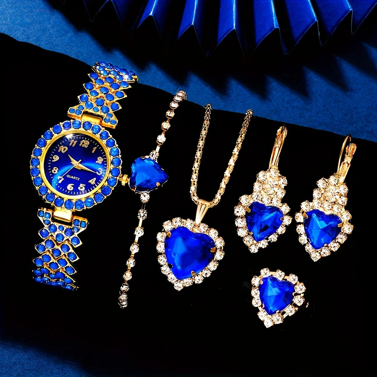 5-Piece Elegant Quartz Watch & Jewelry Gift Set – Blue Heart Edition