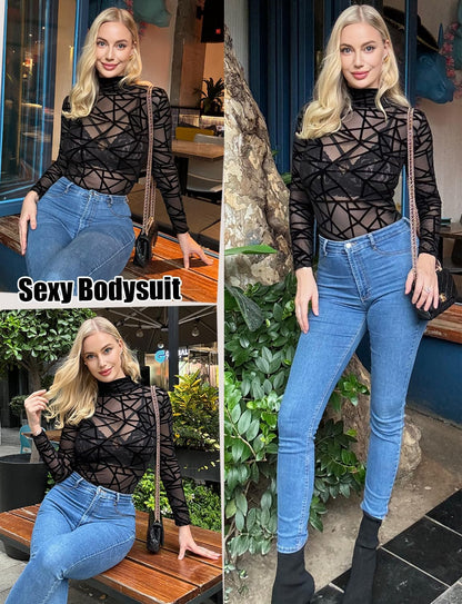 Mesh Bodysuit for Women Long Sleeve Turtleneck See through Tops Geo Print Leotards