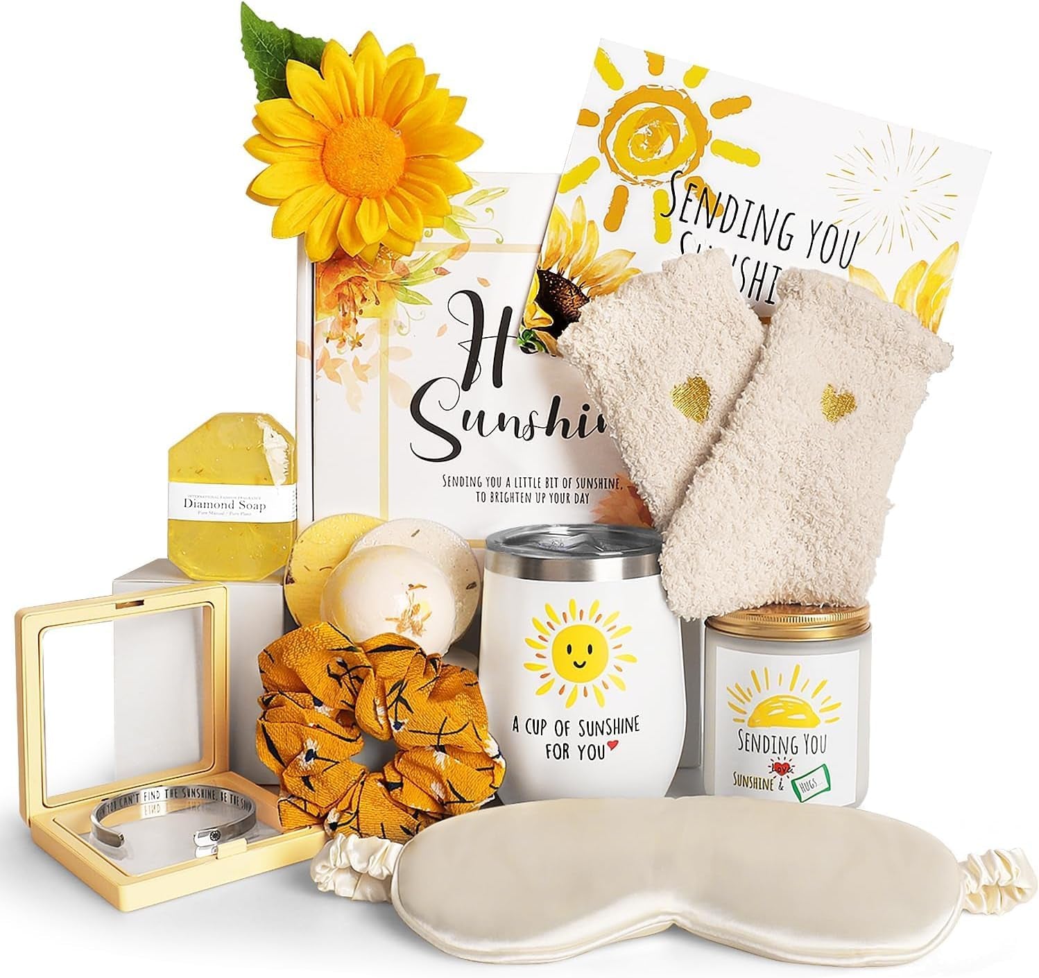 Birthday Gifts for Women, Sending Sunshine Christmas Gifts, Get Well Soon Gifts Basket Care Package Unique Spa Gifts Box with Wine Glasses for Thinking of You Her Sister Best Friend