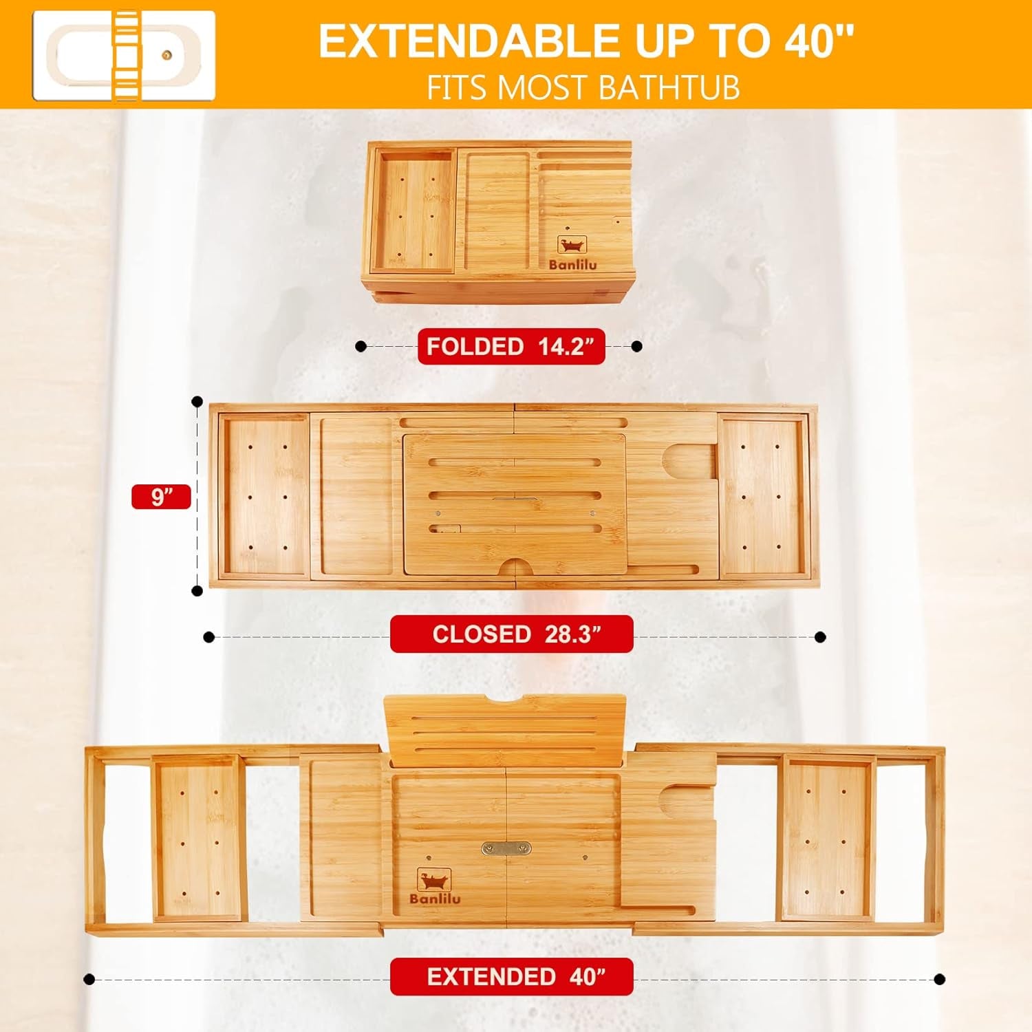 Premium Bathtub Tray Caddy - Bath Tray Bamboo Expandable - Bath Tub Tray Table for Bathtub - Expandable Size, Fits Most Bath Tubs