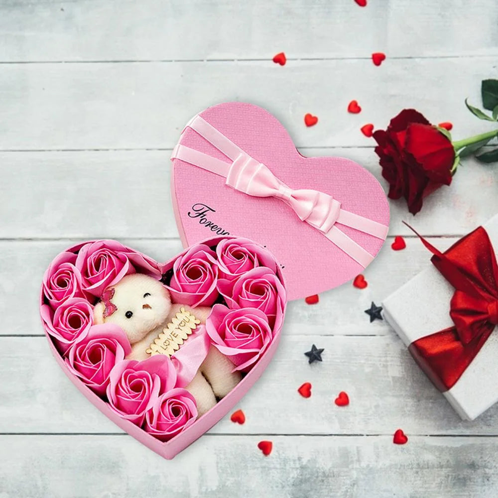 Heart-Shaped Pink Rose and Teddy Bear Gift Box